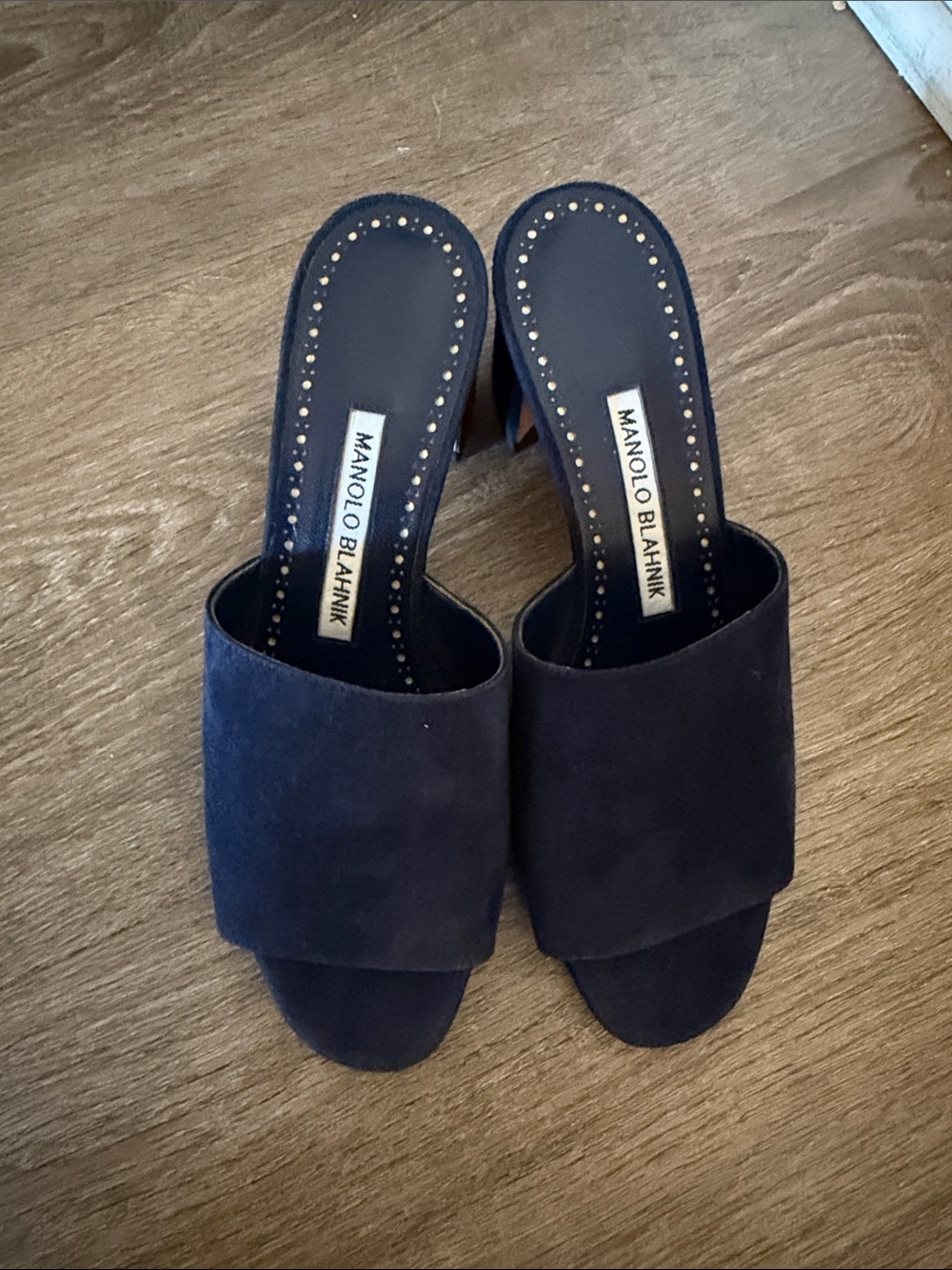 Manolo Blahnik Navy Suede Open-Toe Slide Mules